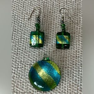 Hand blown glass pendant and matching earrings